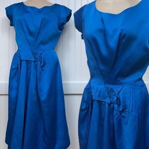 Vtg Midi Dress Royal Blue Pin‎ Up Mod Satin 50s Style Party Prom Swing Bow Small